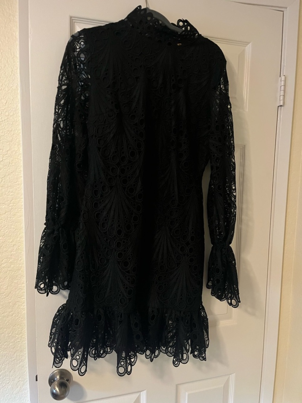 Black Lace Long-Sleeve Mini Dress with Scalloped Hem
